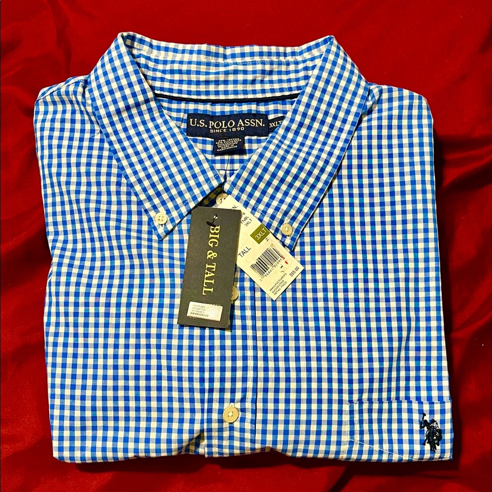 U.S. Polo Assn. Men’s Blue & White Button Front Collared Plaid Shirt Size 3XL